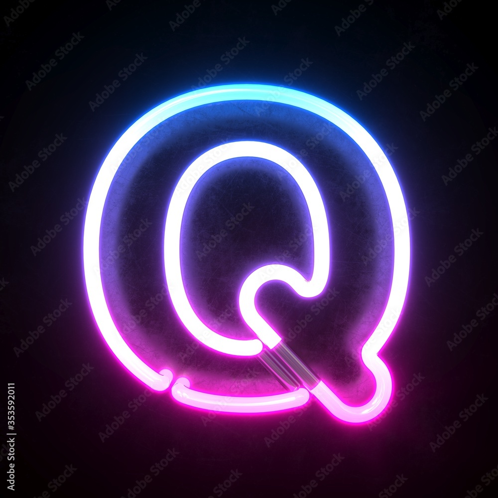 Neon 3d font, blue and pink neon light 3d rendering, letter Q Neon 3d font, blue and pink neon light 3d rendering, letter Q