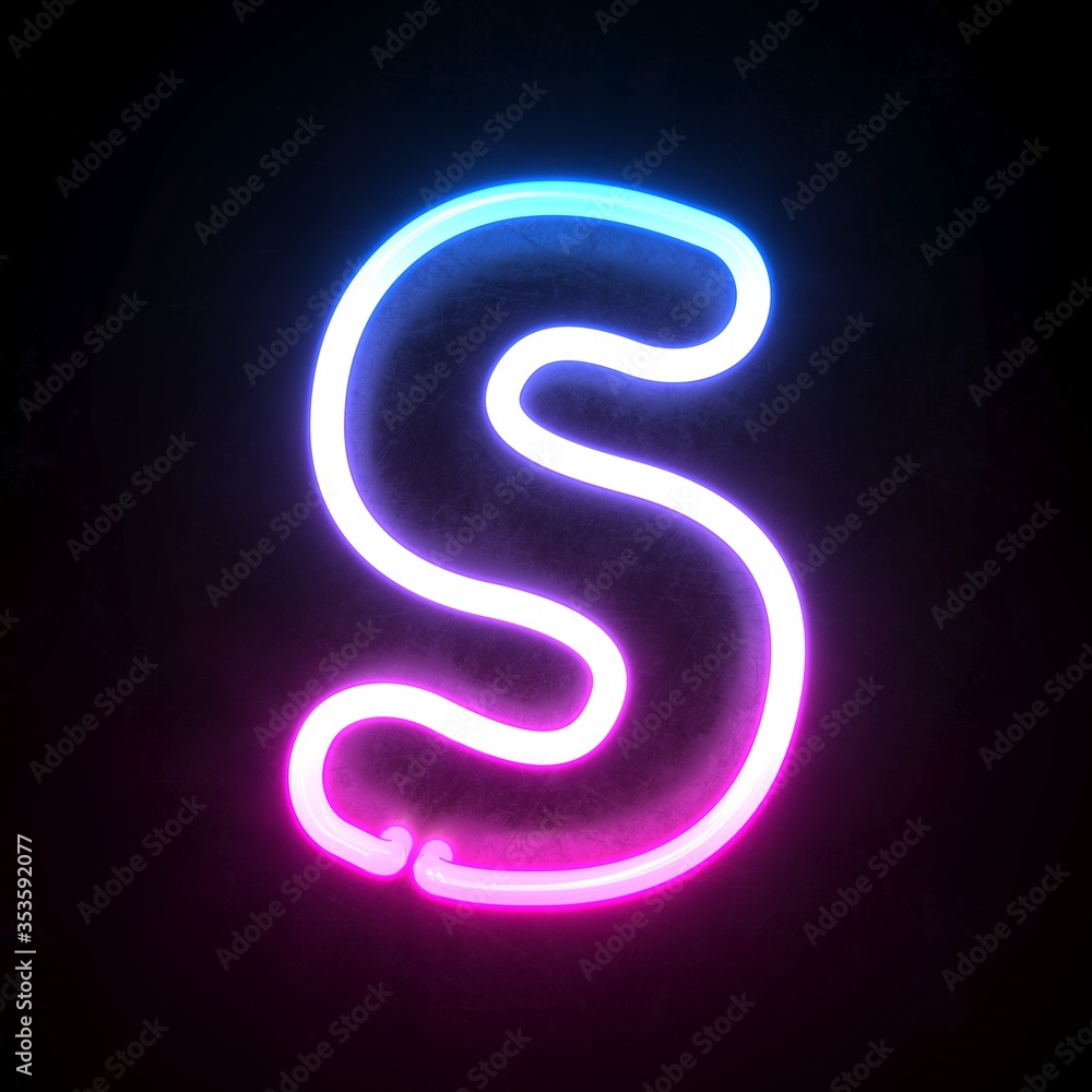 Neon 3d font, blue and pink neon light 3d rendering, letter S Neon 3d font, blue and pink neon light 3d rendering, letter S