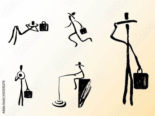 Various traveler silhouettes. Greeting, fishing, dozing, running. Hand drawing. vector.