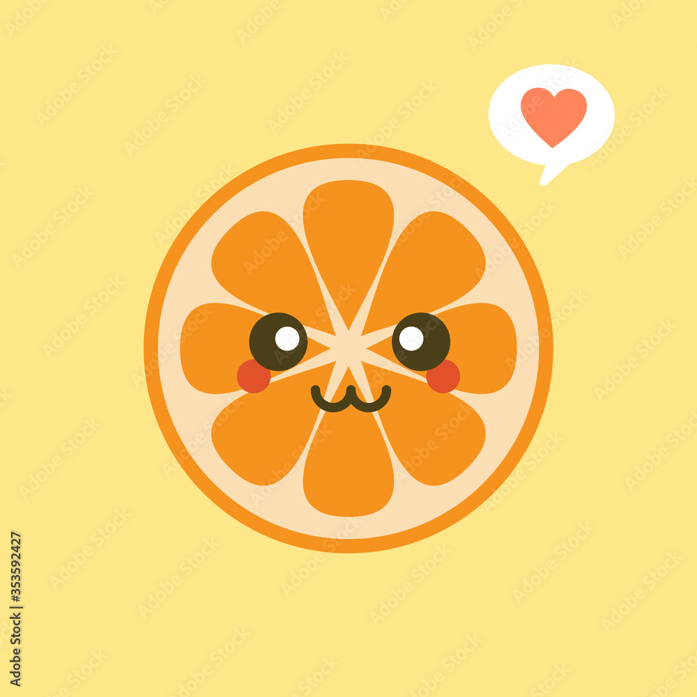 Fototapeta premium cute and kawaii Cartoon character orange. Healthy Happy Organic Fruit Character Illustration. Citrus fruits that are high in vitamin C. Sour, helping to feel fresh. 