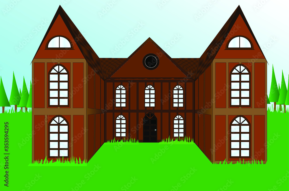 Naklejka premium Old house on the background of trees, landscape
