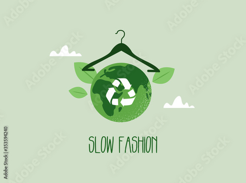 Slow fashion concept. Earth planet and clothes hanger. Reuse, reduce, recycle. Vector