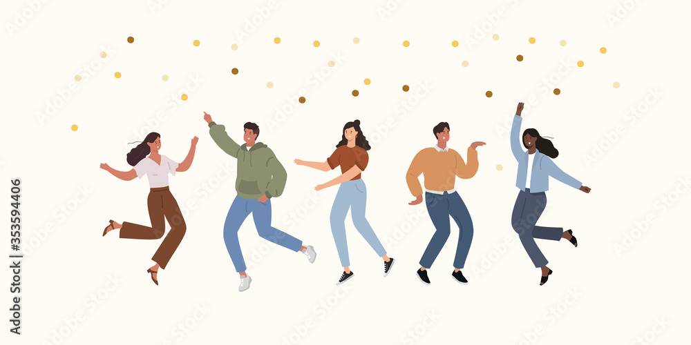 Dancing people. Happy young men and women have fun. Celebration. Vector