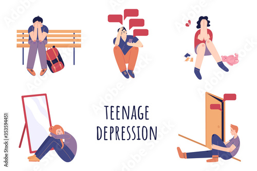 Teenage depression concept. Set of teens in stressful situations - bulliyng, stress at school, broking heart, family quarrels, anxiety. Vector cartoon illustration for banner, flyer, poster, web