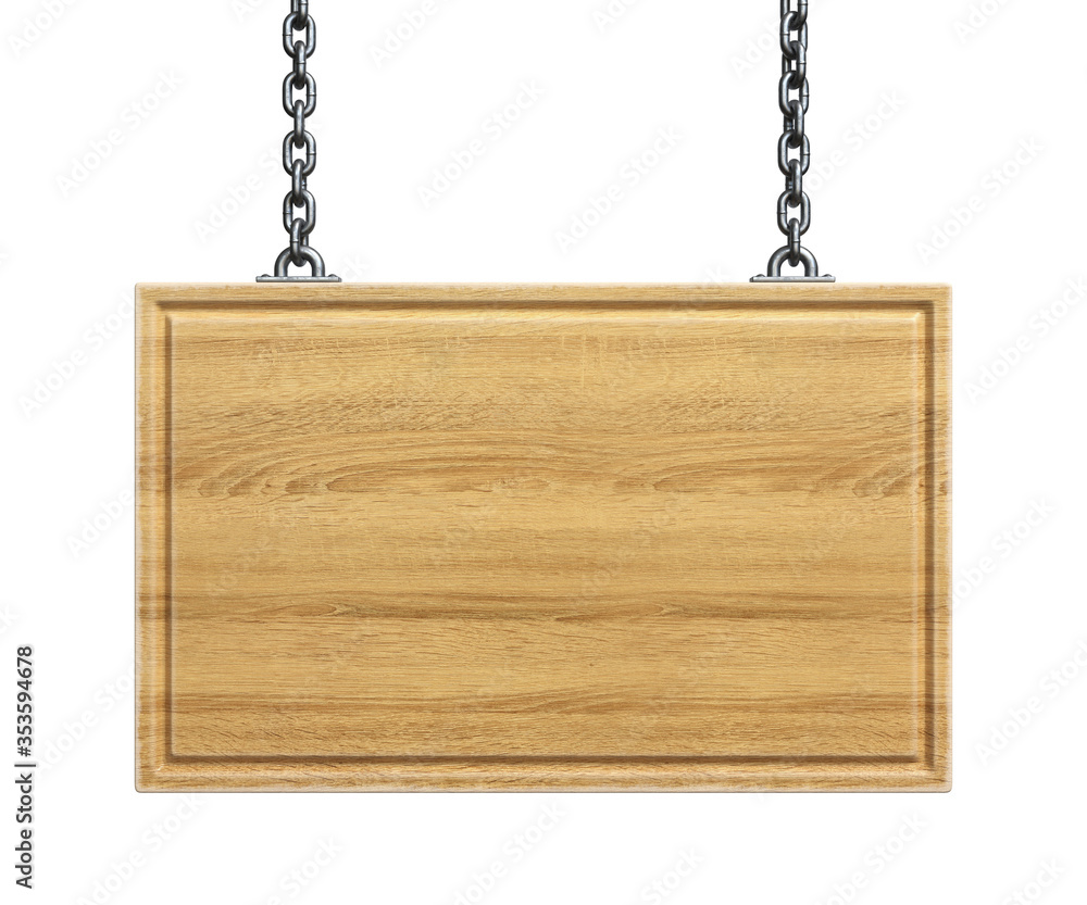 Wooden sign board hanging on a chains isolated on white background 3d rendering Wooden sign board hanging on a chains isolated on white background 3d rendering
