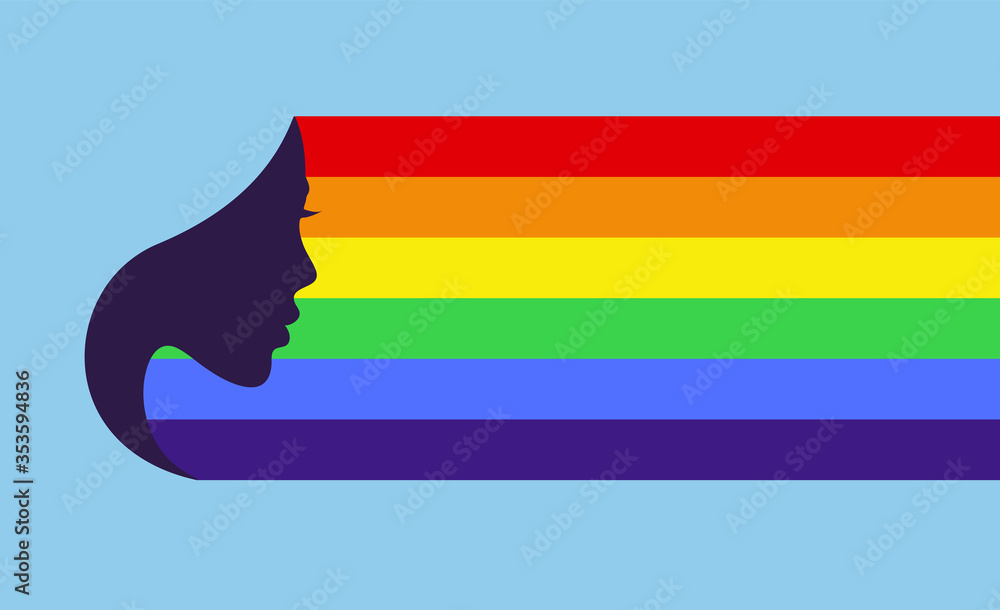 LGBT Mental health care. Woman head silhouette. LGBT Flag. Vector - obrazy, fototapety, plakaty 