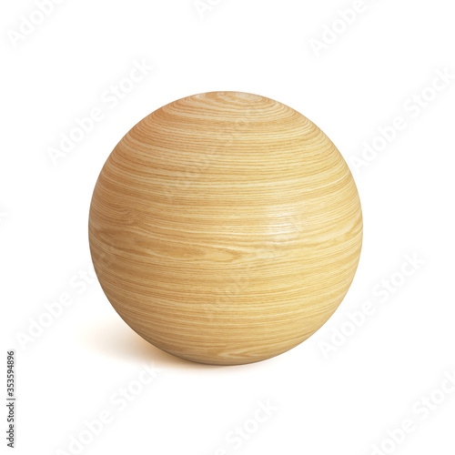 Wooden sphere 3d rendering, spherical shape made of wood isolated on white background