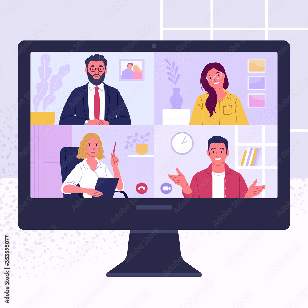 Video conference. Vector illustration of computer screen of colleagues talking during a video call. Isolated on background Video conference. Vector illustration of computer screen of colleagues talking during a video call. Isolated on background