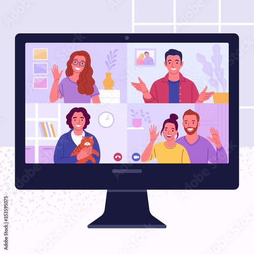 Friends meeting online. Vector illustration in trendy flat style of computer screen with young people talking during a video call. Isolated on background