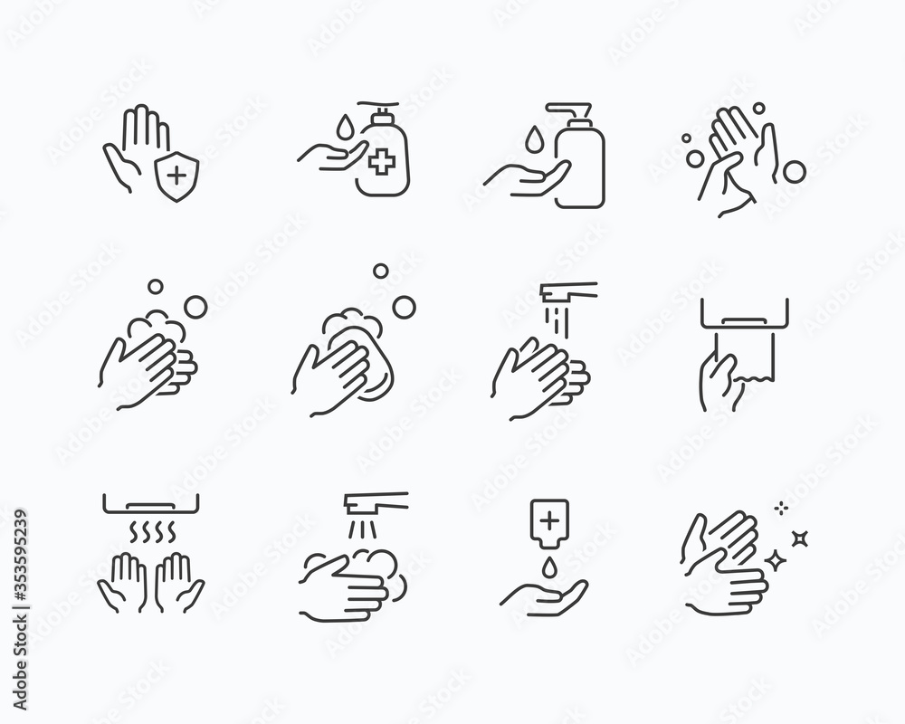 Icon set of disease prevention protect. Vector sanitizer, antiseptic, antibacterial symbols. Healthcare wash hands process with rinse water, tap, soap, towel and safety signs. - obrazy, fototapety, plakaty 