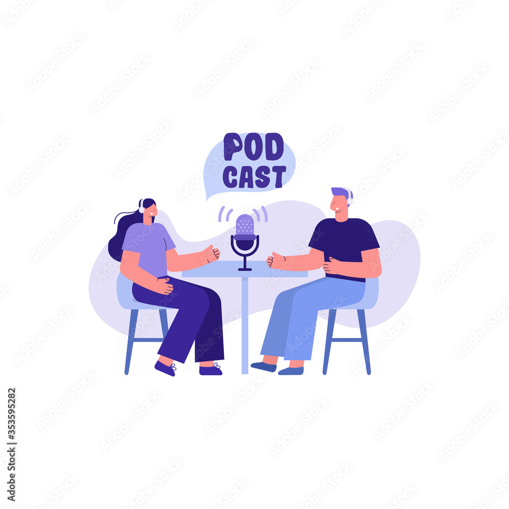 Podcast. People recording a podcast with a microphone. Vector