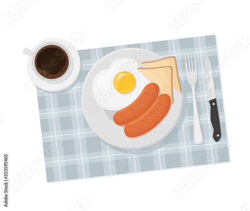 Breakfast. Food illustration with coffee, scrambled eggs, sausages, toast. Top view. Vector, flat style.
