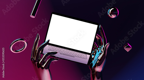 3D laptop neon mockup elegant dark background