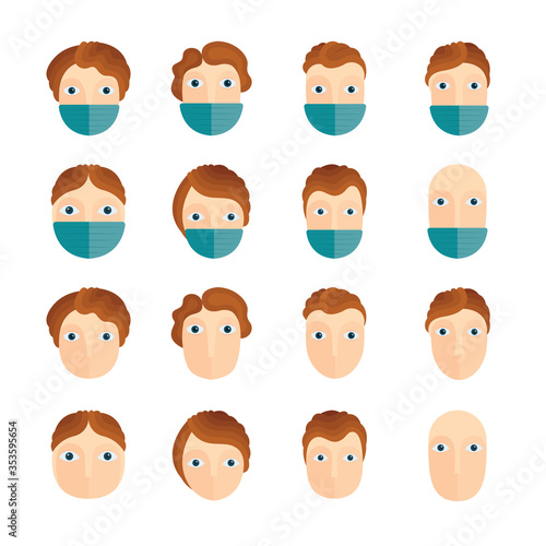 Cartoon style cute faces vector illustrations collection. Set of male and female characters in medical face masks. People avatar symbols and face icons. Part of set.