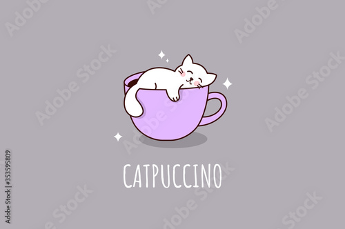 Cat and cappucino cup. Catpuccino. Cute print. Vector photo