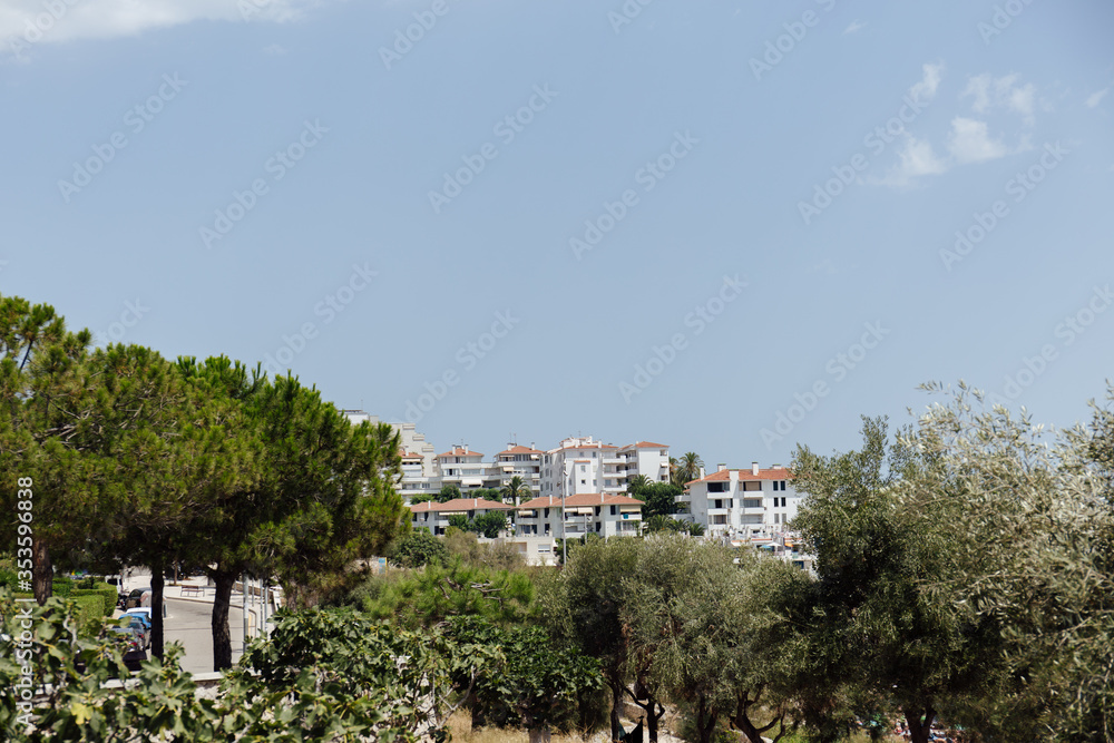 Selective focus of trees and buildings with clear sky at background in Catalonia, Spain