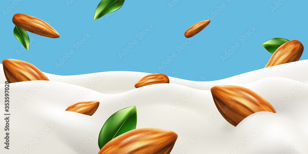 Naklejka premium Almond Milk or yogurt swirl with beans on blue background, milk splashing realistic illustration ready for ads, labels and packaging desing uses. Bitmap copy