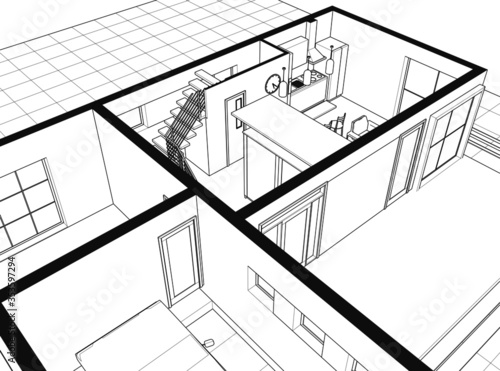 house architectural project sketch 3d illustration