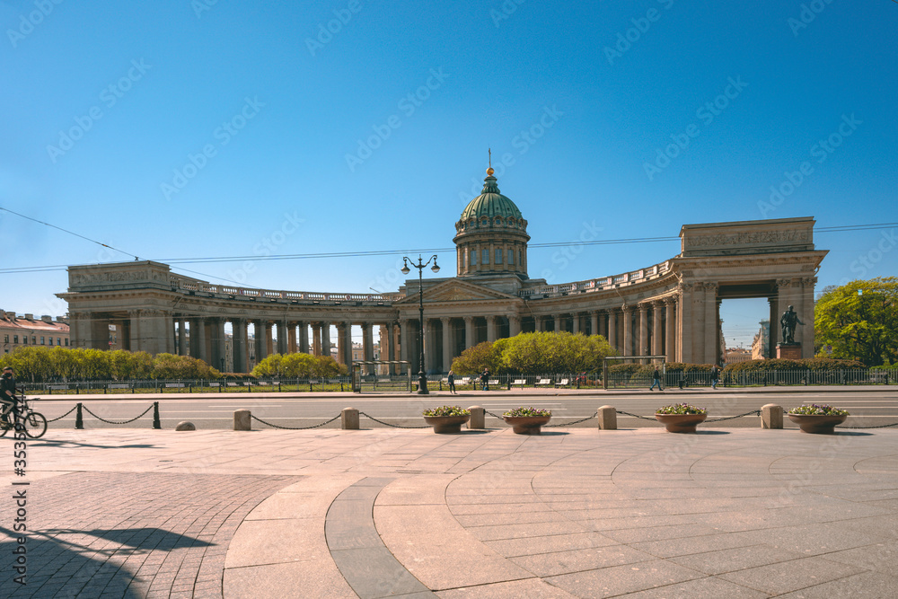 Panorama of the street of St. Petersburg, in the middle of the Kazan Cathedral on a Sunny summer day