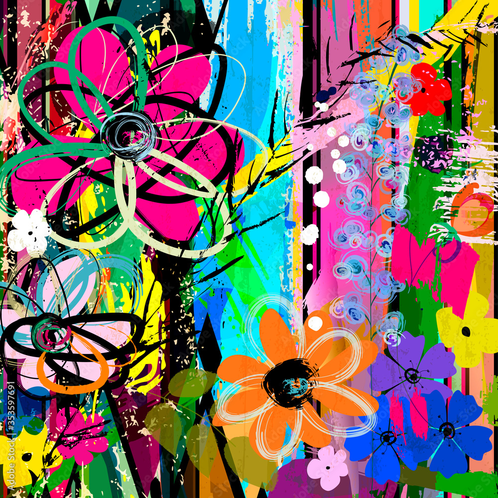 abstract background composition with flowers, with strokes, splashes and geometric lines - obrazy, fototapety, plakaty 