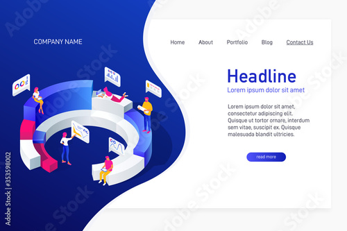 Concept of web site main page, landing page with isometric concept business statistics, people analyze diagrams