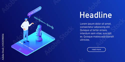 Isometric concept of voice message recording, man using microphone