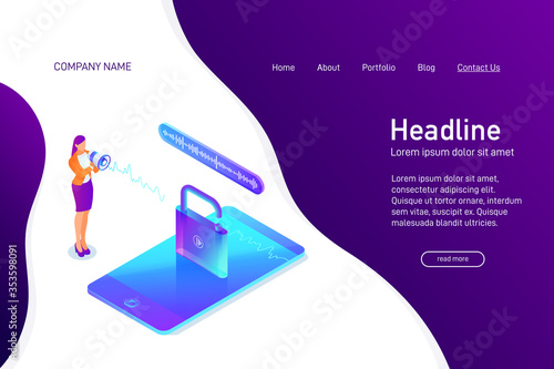 Landing page template with isometric concept of voice recognition, unlock 