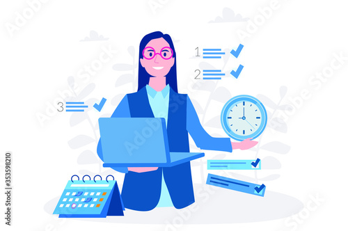Woman with computer fills schedule calendar. Time management. Vector illustration for web banner, infographics, mobile.  Businesswoman complete business task for work. 