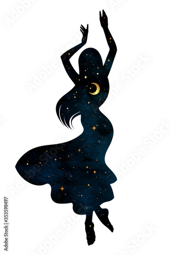 Beautiful dancing gypsy silhouette with crescent moon and stars in profile isolated. Boho chic tattoo, sticker or print design vector illustration.