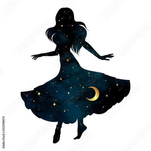 Beautiful dancing gypsy silhouette with crescent moon and stars isolated. Boho chic tattoo, sticker or print design vector illustration.