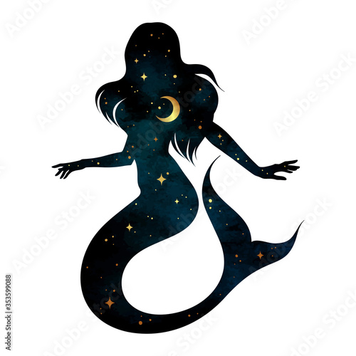 Beautiful mermaid silhouette with crescent moon and stars in profile isolated. Boho chic tattoo, sticker or print design vector illustration.