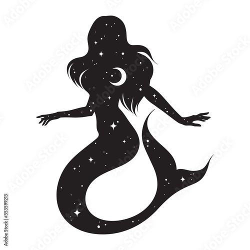 Beautiful mermaid silhouette with crescent moon and stars in profile isolated. Boho chic tattoo, sticker or print design vector illustration.
