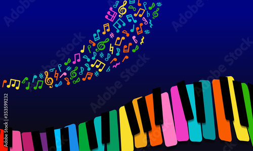 abstract Music background. rainbow paper piano keys on blue background. template banner for your text. Bright horizontal banner.