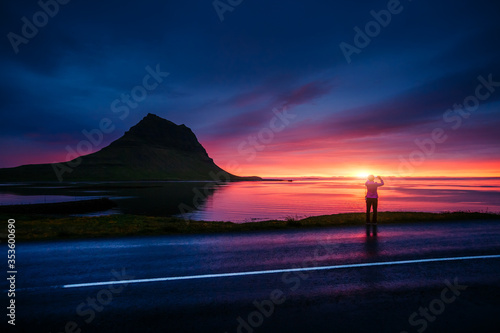 Great sunset over the Atlantic ocean. Location place Kirkjufell volcano the coast of Snaefellsnes peninsula  Iceland  Europe.