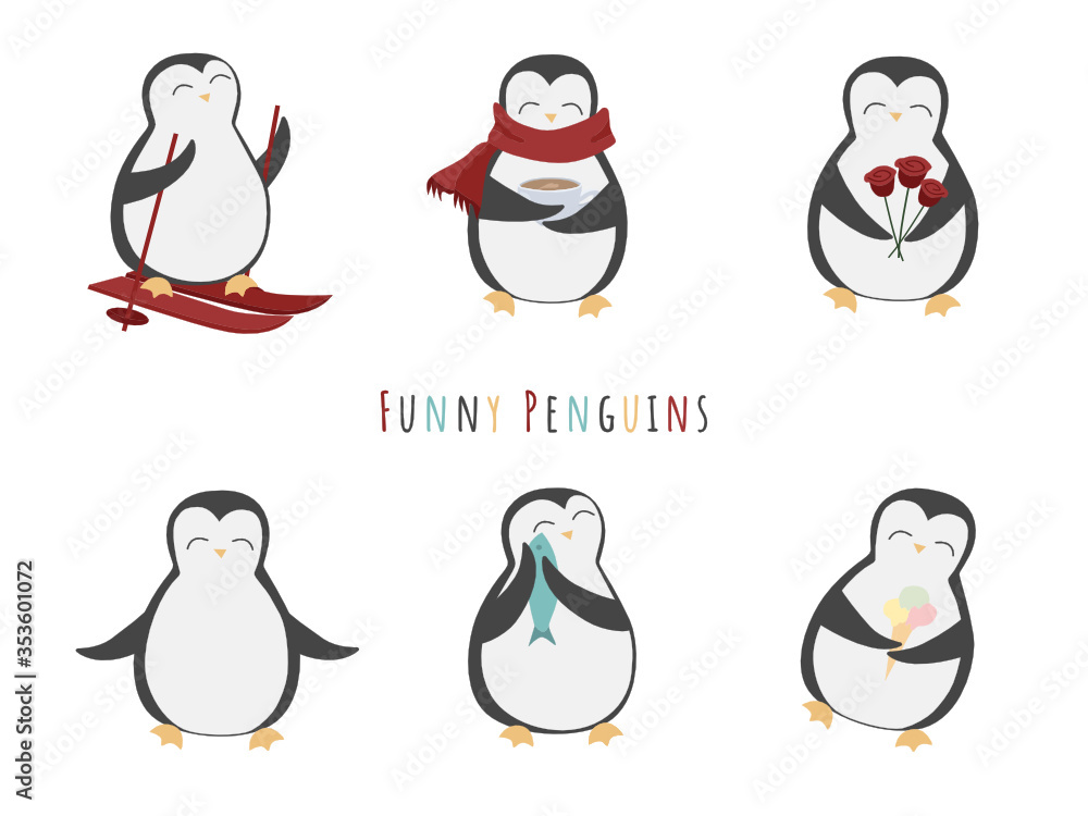 Obraz premium Set of vector cartoon penguins. Six different characters. Colored, isolated, white background.