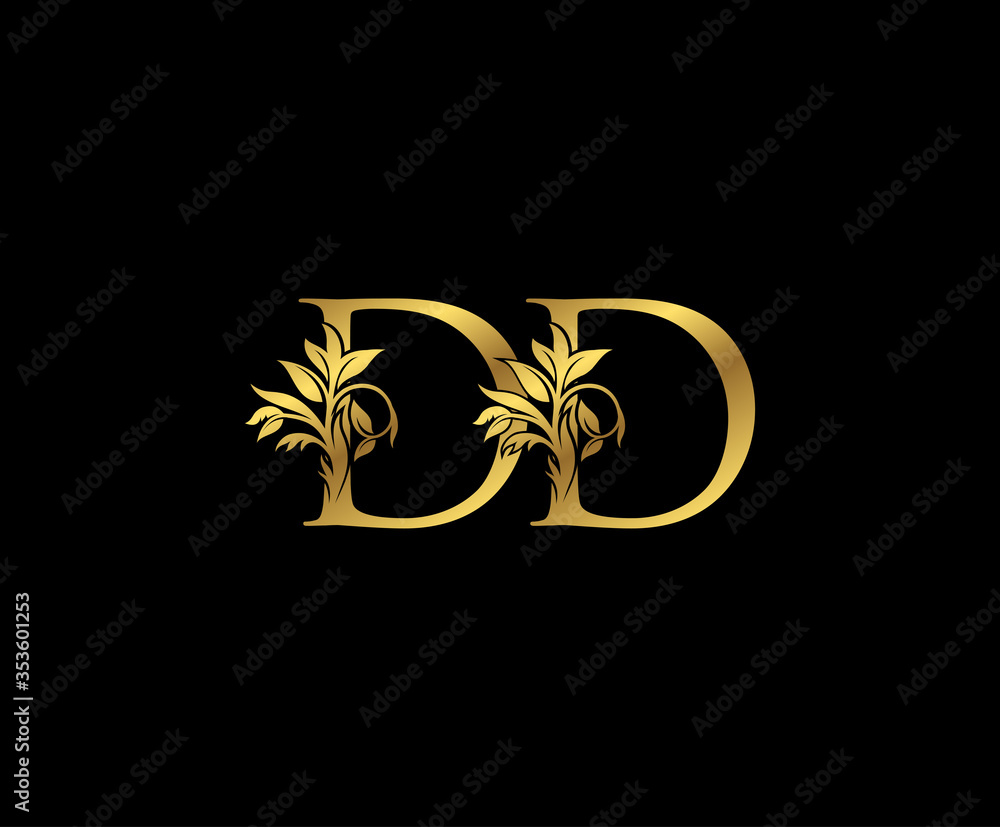 Classy Gold letter D and DD Vintage decorative ornament letter stamp, wedding logo, classy letter logo icon.