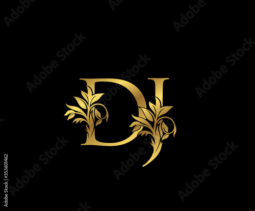 Classy Gold letter D,J and DJ Vintage decorative ornament letter stamp, wedding logo, classy letter logo icon.
