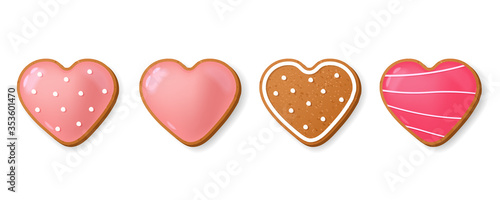 Realistic cookies, love concept, happy valentine's day, pink cookies set isolated, vector illustration