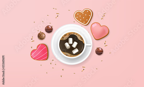 Realistic chocolate, coffee and cookies, valentine's day banner, love card sale, delicious dessert, pink background, gold conffeti, romantic concept vector