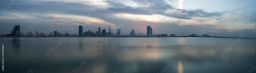 Panormic view of Bahrain skyline during sunset