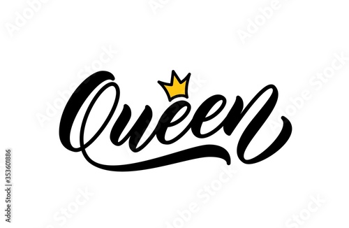 Queen handwritten word. Modern calligraphy. Hand lettering design for printing on clothes. Queen word with crown. Vector illustration.