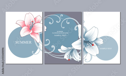Set of three floral patterns, canvases for the design of the apartment, office, kitchen, bedroom, living room. Home wall decor. Vector floral background with hand-drawn lily flowers.