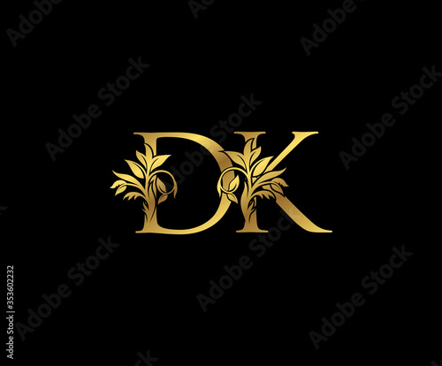 Classy Gold letter D, K and DK Vintage decorative ornament letter stamp, wedding logo, classy letter logo icon.