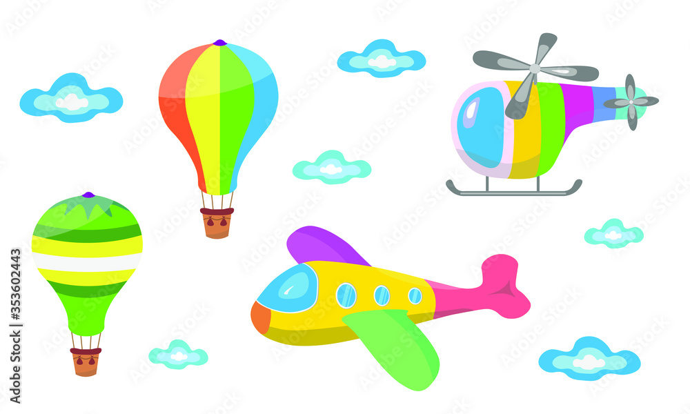 Air transport set. Airplane, air balloon, helicopter. Vector Illustration for printing, backgrounds, wallpapers, covers, greeting cards, posters, stickers, textile, seasonal design. Isolated on white
