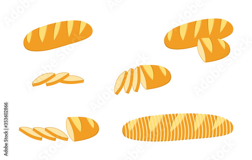 Set of cartoon baking pastry products for bakery menu, recipe book. French baguette, rye bread, whole wheat loaf. Vector flat illustration.