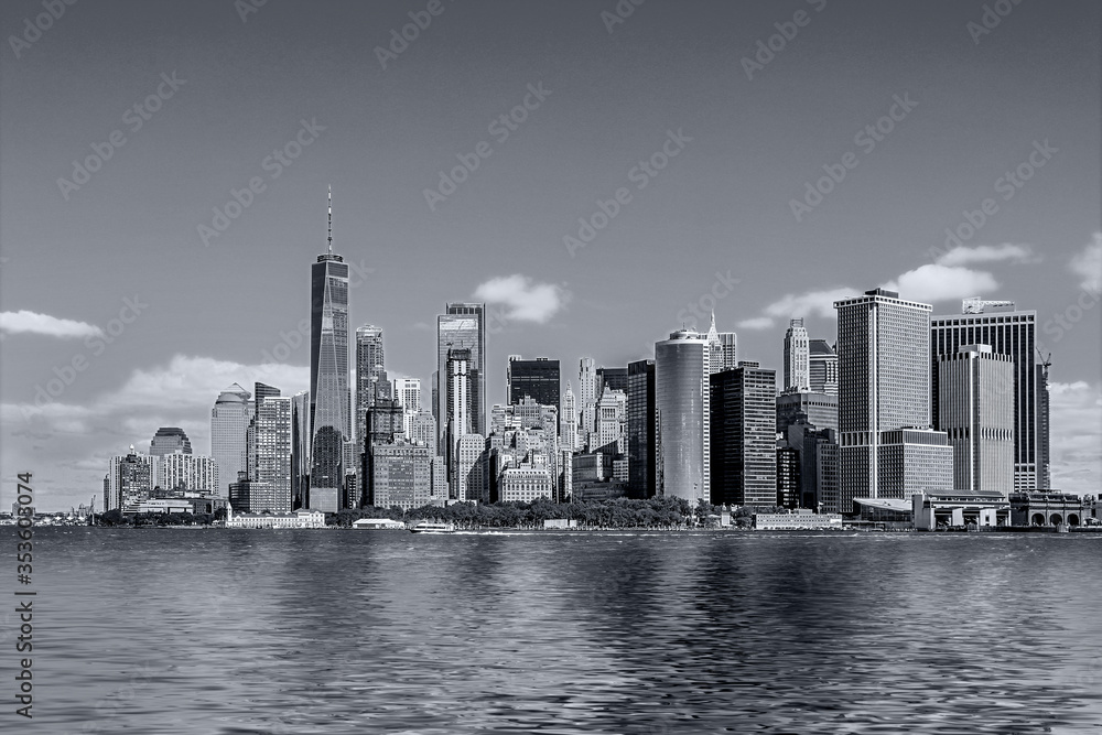 panoramic views of the New York City Manhattan in monochrome blue tonality