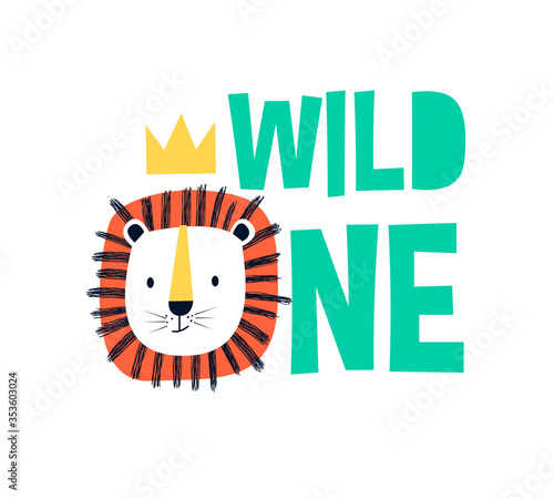 Cute lion vector illustration for t-shirt design with slogan. Vector illustration design for fashion fabrics, textile graphics, prints.	