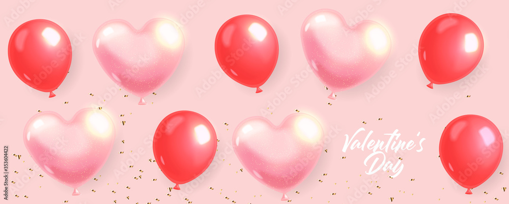 Realistic heart balloons and gold confetti, red isolated with pink background, love decoration, valentines day, romantic card vector