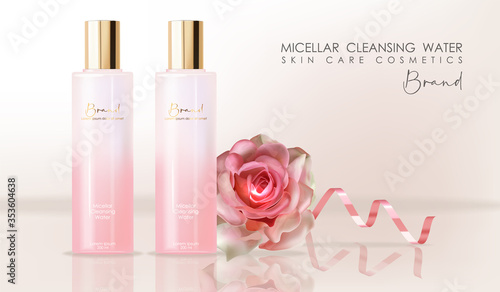 Realistic cosmetics skin care, micellar cleansing water, pink bottle packaging mockup 3d, floral liquid, pink cosmetics, rose background, face treatment vector illustration