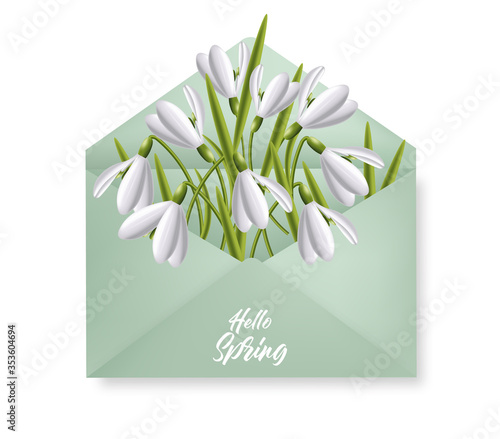 Hello spring, 1 march, 8 march, realistic snowdrop in the envelope spring symbol, floral banner, season bouquet vector illustration